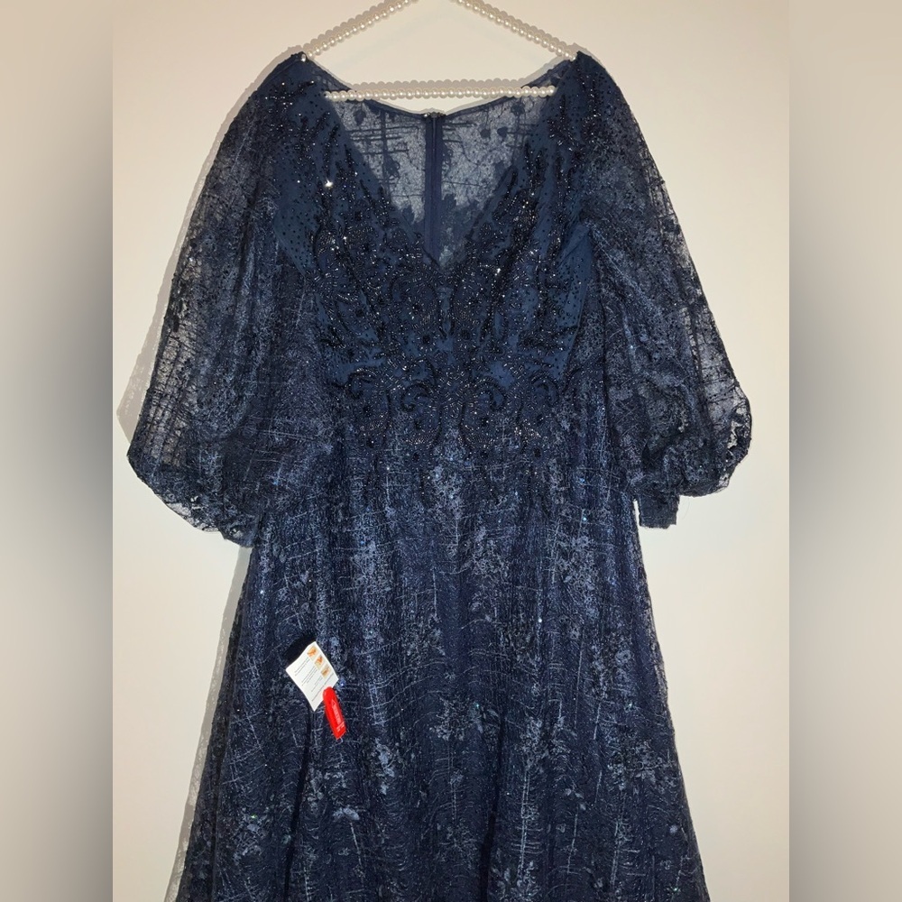 Mac Duggal Navy Blue Beaded Lace Maxi Gown - Picture 9 of 15